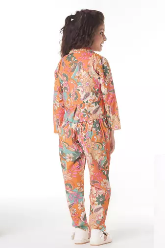 Mustard printed cotton jacket with pant co-ord set