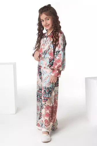 Multicolor printed cotton blend shirt collar co-ord set