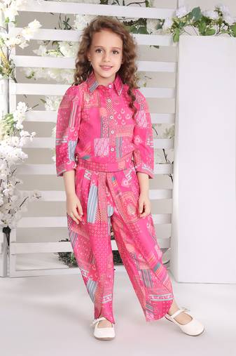 Pink printed cotton blend dhoti pant co-ord set