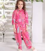 Pink printed cotton blend dhoti pant co-ord set
