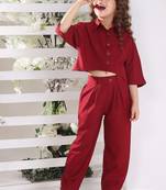 Maroon solid cotton blend crop top with harem pant co-ord set