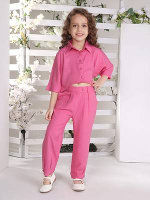 Pink solid cotton blend crop top with harem pant co-ord set 1