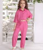 Pink solid cotton blend crop top with harem pant co-ord set