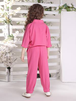 Pink solid cotton blend crop top with harem pant co-ord set 2