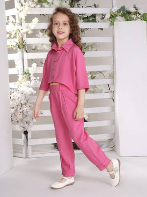 Pink solid cotton blend crop top with harem pant co-ord set 4