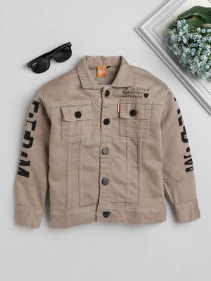 Beige printed denim front pocket jacket 1