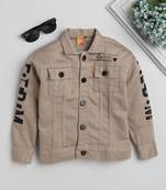 Beige printed denim front pocket jacket