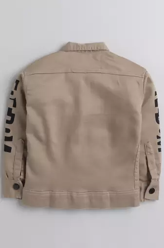 Beige printed denim front pocket jacket