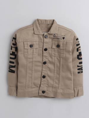 Beige printed denim front pocket jacket 4