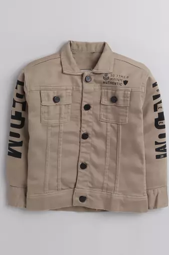 Beige printed denim front pocket jacket