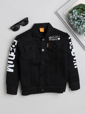 Black printed denim front pocket jacket 1