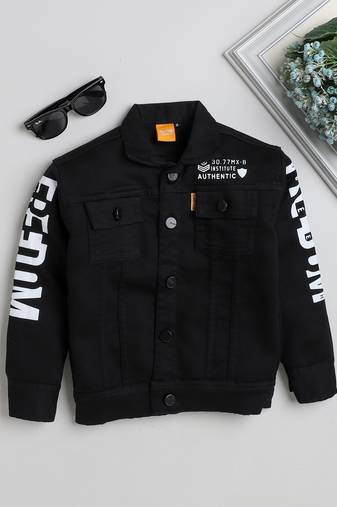 Black printed denim front pocket jacket