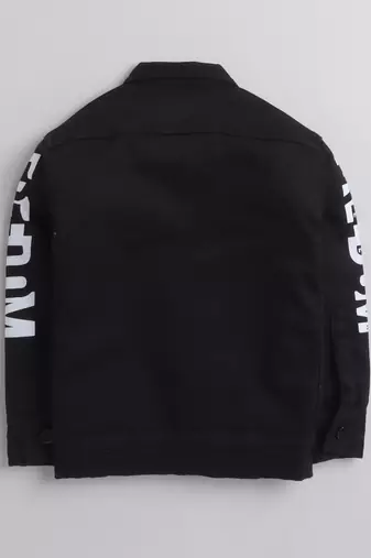 Black printed denim front pocket jacket