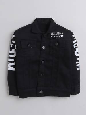 Black printed denim front pocket jacket 4