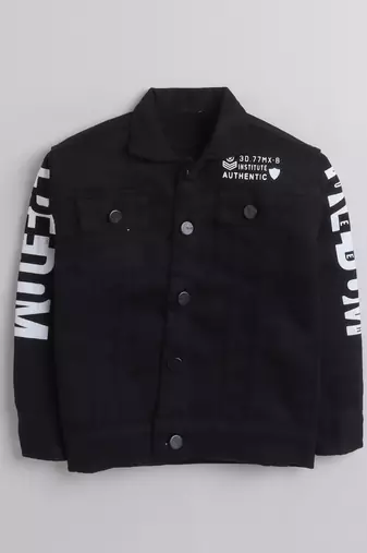 Black printed denim front pocket jacket