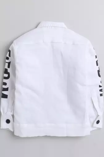 White printed denim front pocket jacket