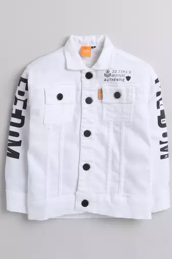 White printed denim front pocket jacket