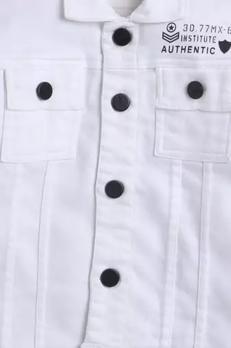White printed denim front pocket jacket