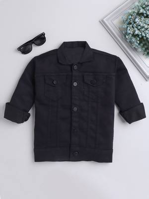 Black solid denim front pocket jacket 1