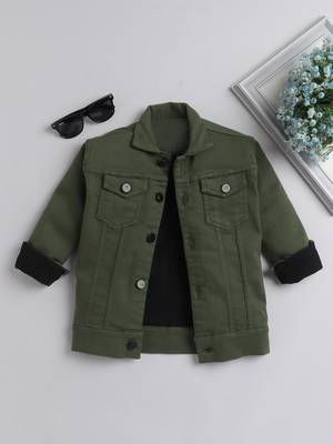 Olive green solid denim front pocket jacket 1