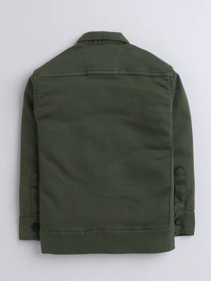 Olive green solid denim front pocket jacket 2