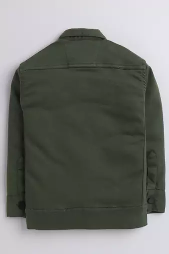 Olive green solid denim front pocket jacket