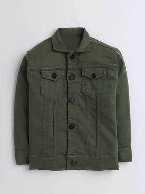 Olive green solid denim front pocket jacket 4