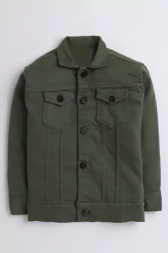 Olive green solid denim front pocket jacket