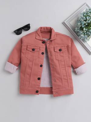 Peach solid denim front pocket jacket 1