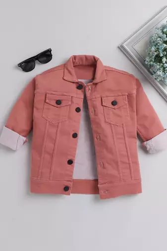 Peach solid denim front pocket jacket