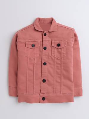 Peach solid denim front pocket jacket 4
