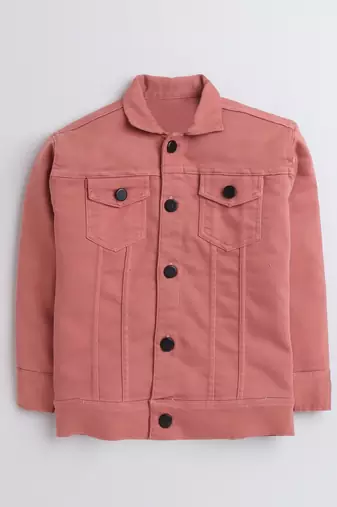 Peach solid denim front pocket jacket