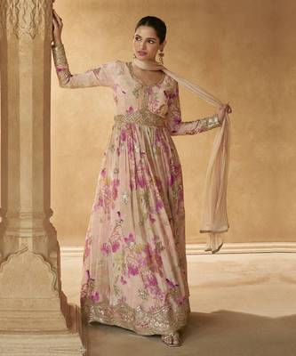 Cream chinon silk embroidered anarkali suit 1
