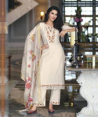 Mojilaa Viscose Silk Thread Embroidered Off White Kurta Palazzo Set 6