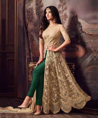 Beige And Green Embroidered Net  Anarkali Pant Suit Free size full stitched Up To 42" Size 1