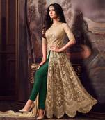 Beige And Green Embroidered Net  Anarkali Pant Suit Free size full stitched Up To 42" Size
