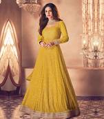 Mustard Embroidered Georgette Anarkali Suit Free size full stitched Up To 42" Size