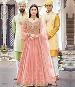 Pink Embroidered Georgette Semi-Stitched Anarkali Suit Up To 42" Size