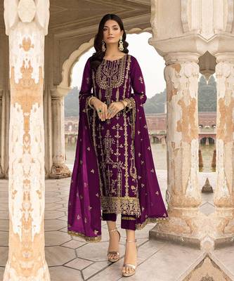 Purple floral embroidered with sequins georgette salwar suit 1