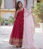 Dark-magenta faux blooming  anarkali with dupatta