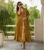 Mehandi colour Attractive Party Wear Hevy MASLIN Febric with printed Gown