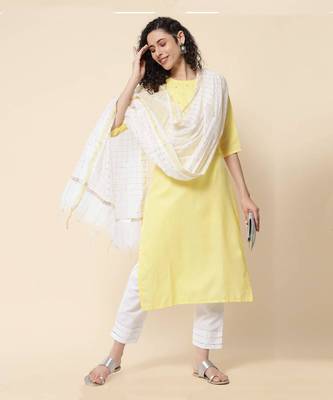 Yellow embroidered cotton Kurta Pant With Dupatta 1