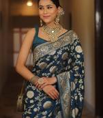 Dark blue woven silk blend kanjivaram saree with blouse