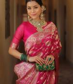 Pink woven silk blend kanjivaram saree with blouse