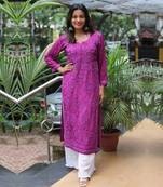 Purple cotton thread embroidery work kurta set