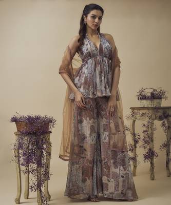 Printed lurex chiffon embroidery detailed gathered top with a-line palazzo and embroidered net dupatta 1