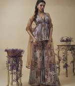 Printed lurex chiffon embroidery detailed gathered top with a-line palazzo and embroidered net dupatta