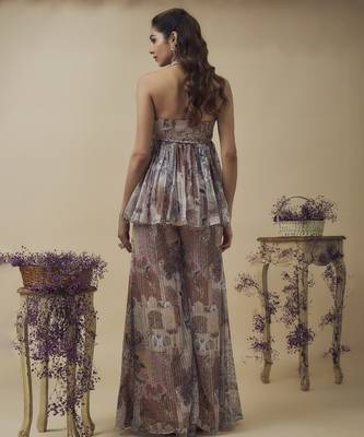 Printed lurex chiffon embroidery detailed gathered top with a-line palazzo and embroidered net dupatta 2