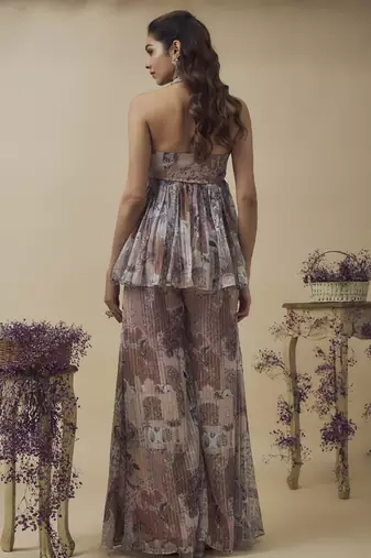 Printed lurex chiffon embroidery detailed gathered top with a-line palazzo and embroidered net dupatta