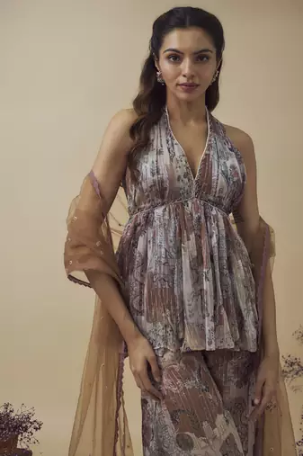 Printed lurex chiffon embroidery detailed gathered top with a-line palazzo and embroidered net dupatta